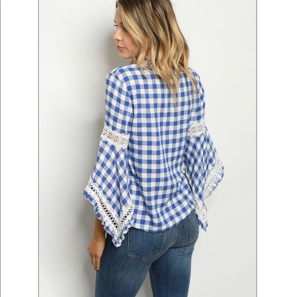 Medium Wide sleeve Blue White Plaid Checkered Rodeo Country Top For Women - Picture 3 of 4